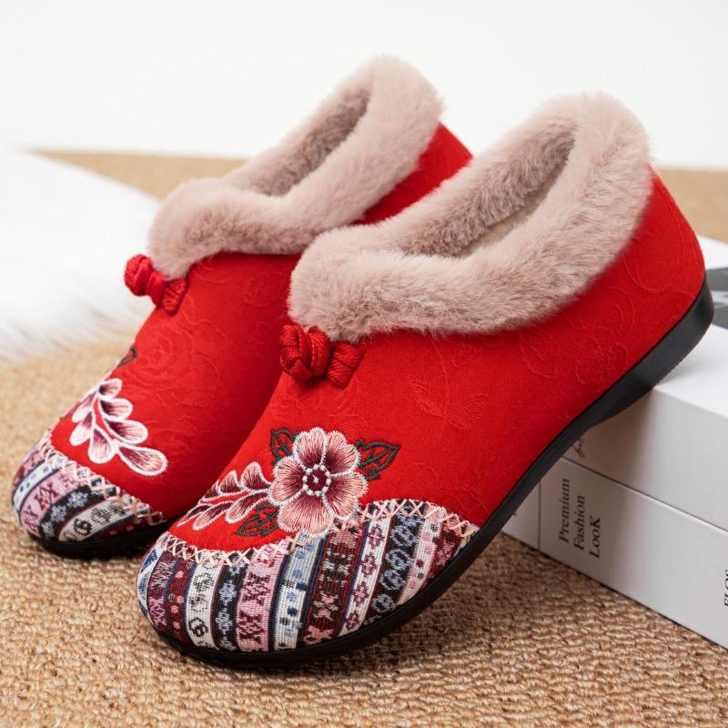 Shoes Women's Cotton Shoes Winter Women's Shoes Velvet One-pedal Embroidered Shoes Fluffy Shoes Large Size Cotton Shoes