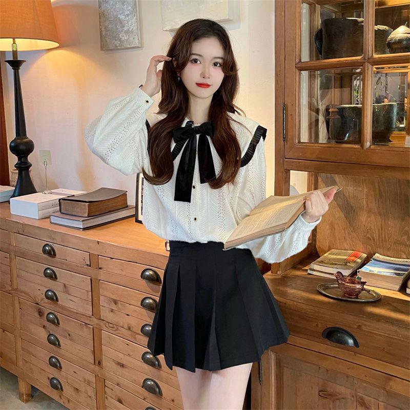 Women's Pleated Skirt & Doll Collar Knit Shirt Set - Spring/Autumn Korean College Style, Petite & Sweet