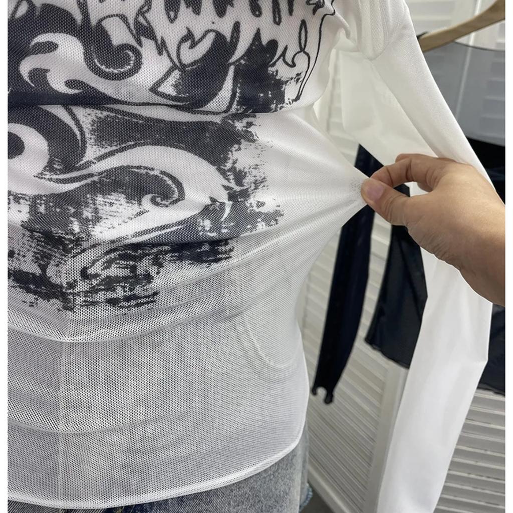 2KWEIRD Women Retro Y2K Hot Girl One Shoulder Mesh Sunscreen Cover Up Camisole Long Sleeve T-Shirt Two-piece Tops Suit Daily Outfit
