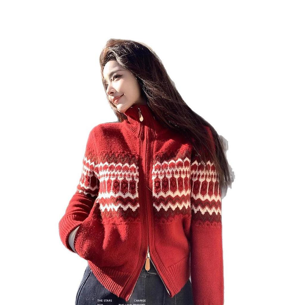 Runshifeier Women's Autumn Wool Zipper Cardigan Sweater with Stand Collar & Jacquard Design