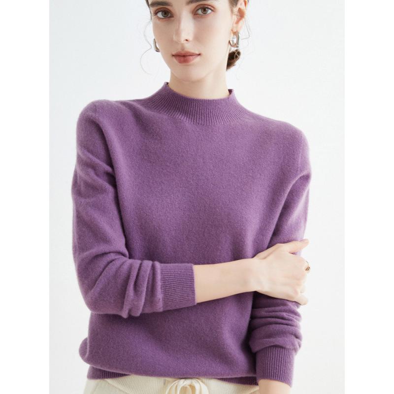 Women's Slim-Fit Autumn Sweater, Fashionable Half-High Neck, Versatile Pure Wool for Layering or Outerwear, Skin-Friendly.