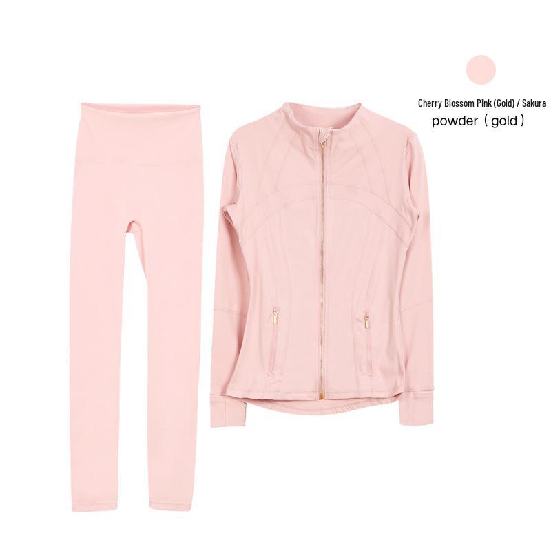 Lulu Original Gold Zipper Stand Collar Jacket & Cropped Yoga Pants Set - Women's Long Sleeve Tight Sports Suit