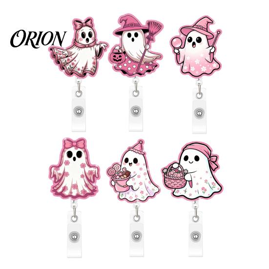 Decorative Badge Holder for Nurses Halloween Ghost Reel, Glitter Acrylic Retractable Clip, Cute Pink Durable ID Reel Name Women Nurse Teacher Medical