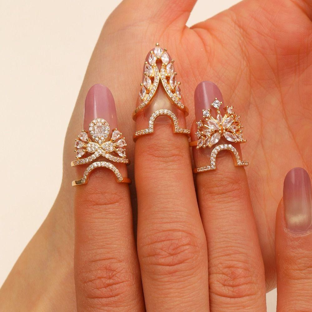 Metal Zircon NailCap Ring Silver Color Detachable Nail Ring Retro Sweet Nail Ring  Manicure