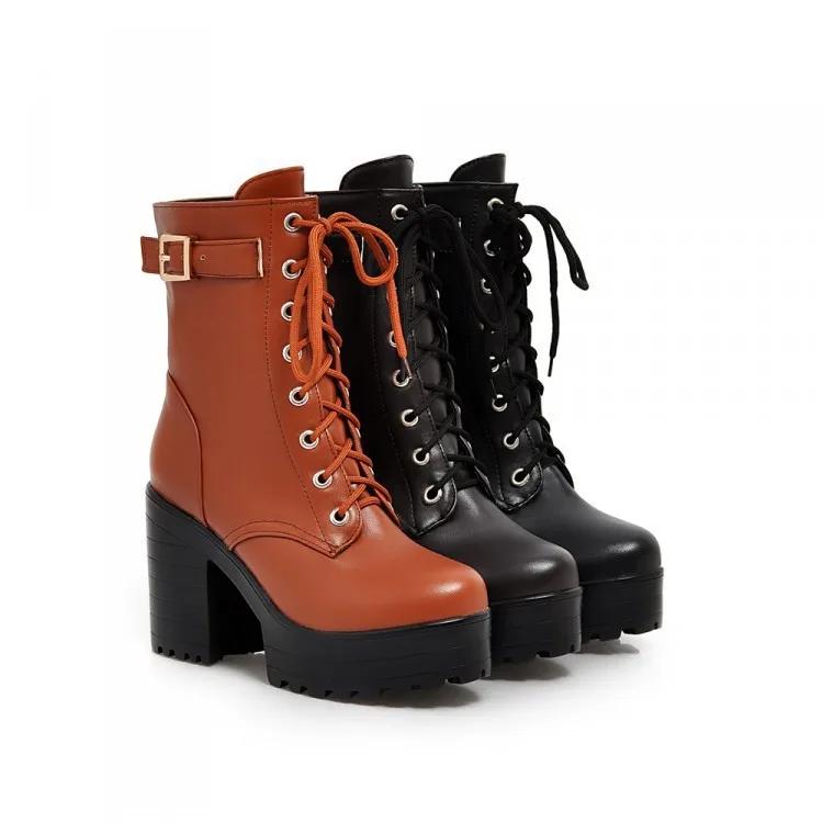 Fashion 2024 Russian Hot Sales Women Shoes Thick Platform High Heel Female Ankle Boots Round Toe Lace up Zipper Motorcycle Boots