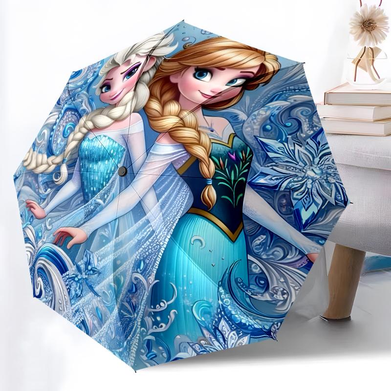 1pc Sturdy 8-Bone Auto Umbrella, Elsa And Anna Frozen Purple Sparkle Umbrella, Digital Printed, Foldable Umbrella for On-the-Go Outdoor Use