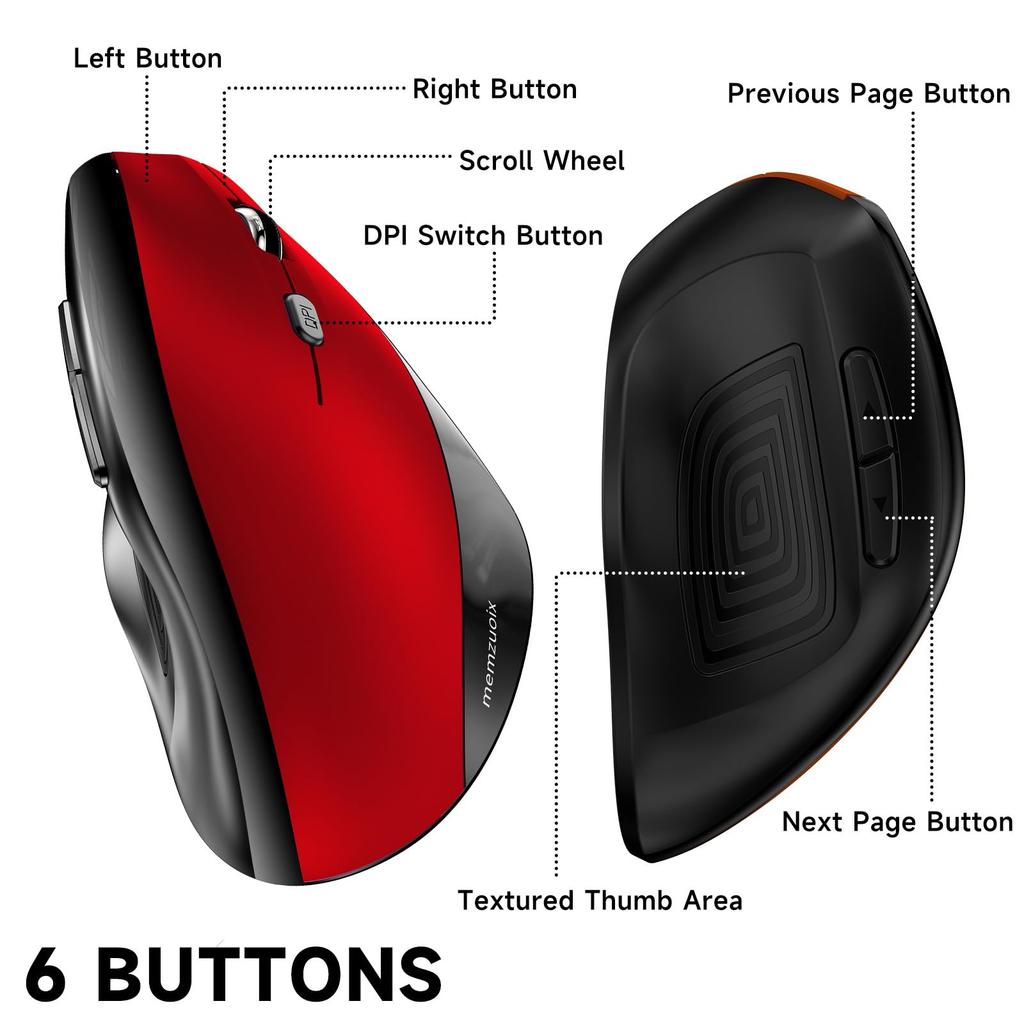 Memzuoix Large Vertical Ergonomic Wireless DPI USB Receiver Compatible with and Desktops Classic Red Mouse, 2.4G, Multi-Button, Optical, Cordless,