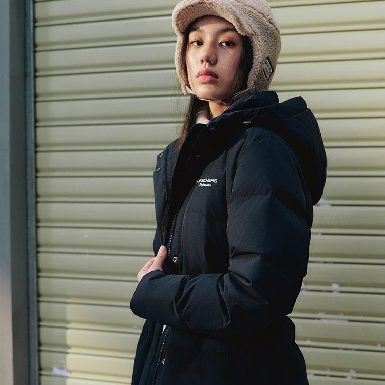 Skechers Windproof Water-Repellent Oil-Stain Resistant Cold-Resistant Warm Sports Casual Hooded Woven Puffer Coat Long Duck Down Jacket P423W126-0018