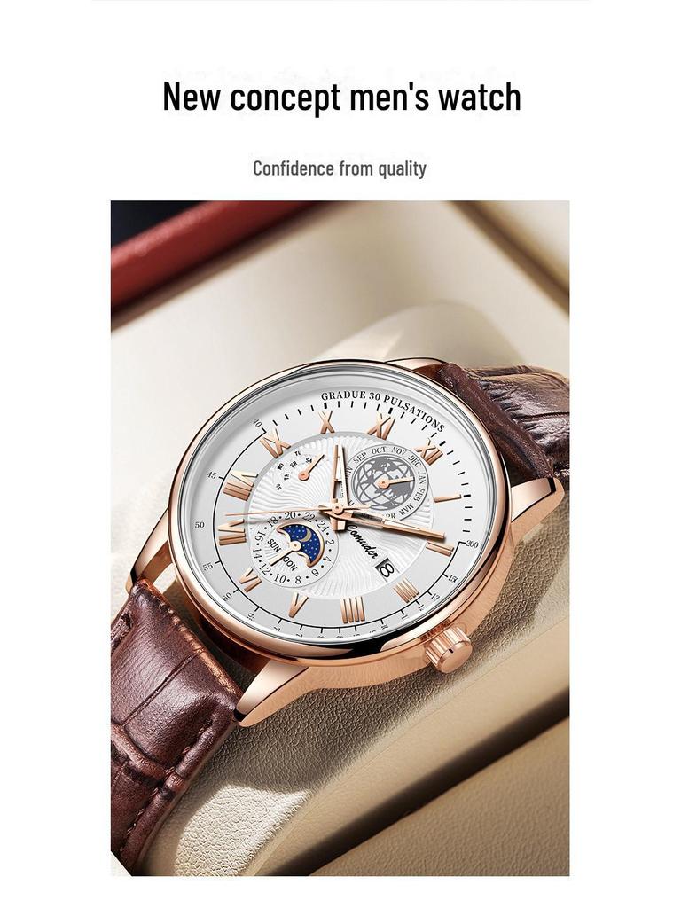 Švýcarské pánské quartzové hodinky s koženým řemínkem - Originální vodotěsné značkové hodinky