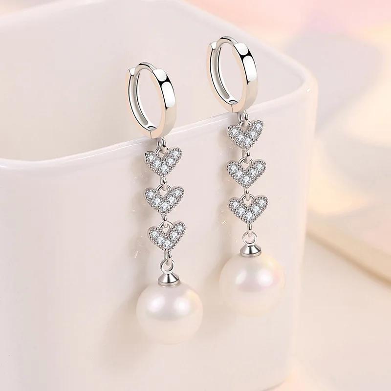 Exquis Boucle d'oreille Perle Femme Argent Sterling Cœur à Cœur Incrusté Zircon Boucles d'oreilles pour Femmes Longue Frange Statement