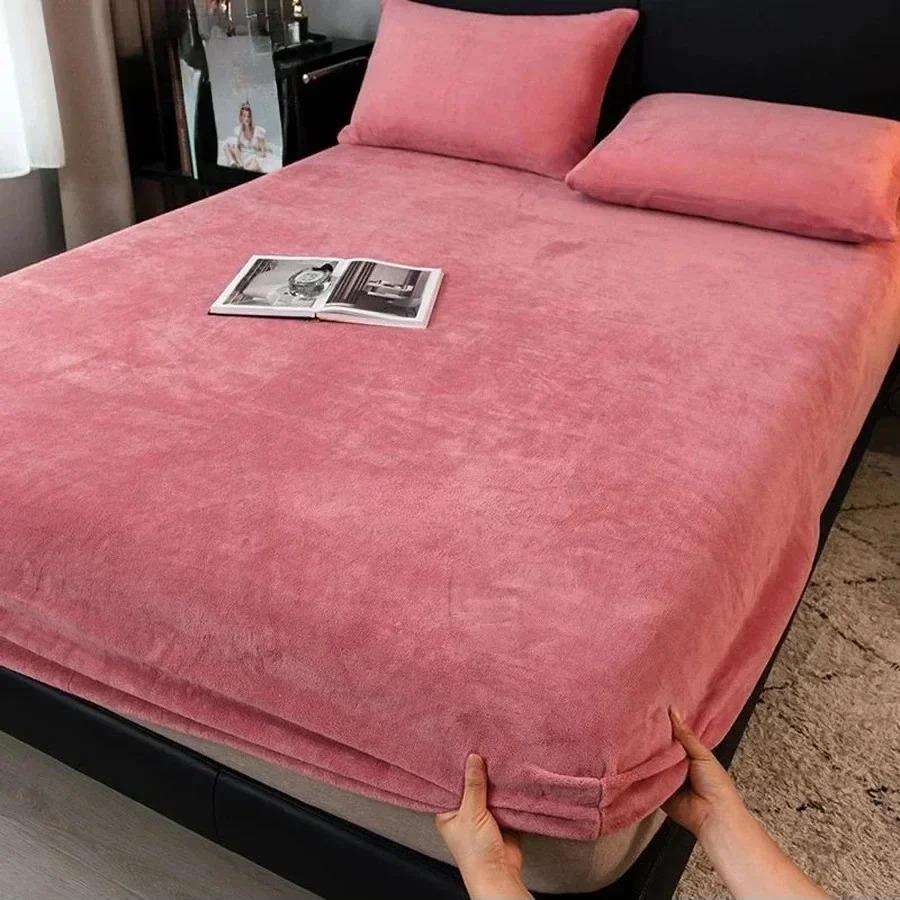 1PC Elastic Mattress Cover Warm Plush Fitted Sheet Velvet Bed Cover Winter Soft Family Double Bed Bedding 90/120/150/180/200cm