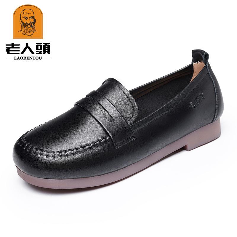 

Old man head flat-soled soft-soled loafers British breathable one-pedal women s leather shoes soft-soled single shoes cowhide XN53532 35 чёрный