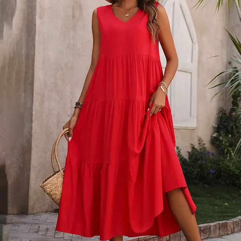 Women's Elegant Holiday V-neck Tiered Patchwork Hem Loose Dress