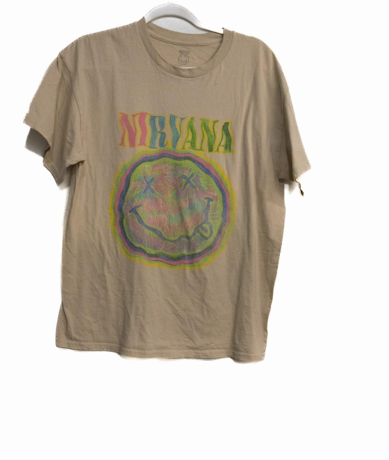Nirvana Mens Beige Cotton T-Shirt Classic Smiley Graphic Crew Neck Crew Neck L S
