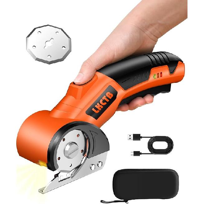 Electric Cardboard Cutter Scissors with LED Light, 2600mAh Rechargeable Battery, Brushless Motor, Tungsten Steel Blade, Cuts Cloth, Leather, Carpet, Light Orange