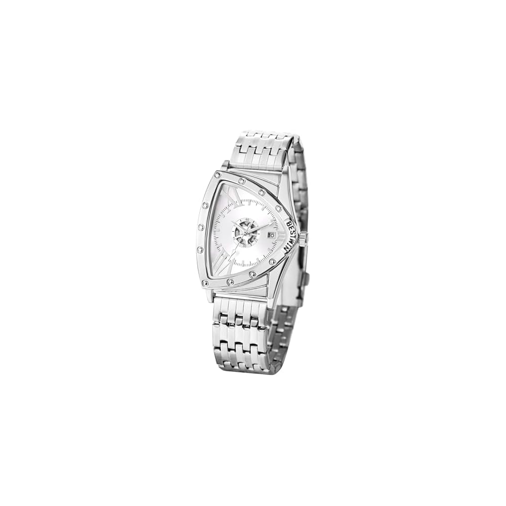 Men s Waterproof Quartz Watch Silver Case Adjustable Triangle Dial Stainless Steel Strap White Dial