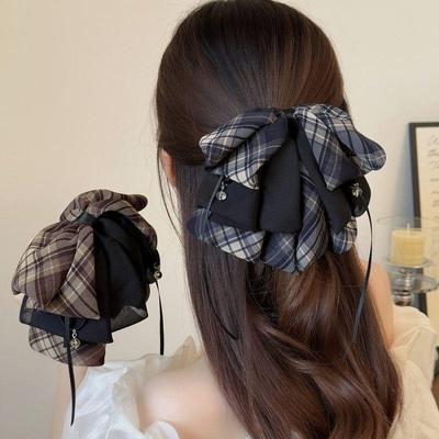 Korean Academy-Style Layered Ponytail Claw Clip with Elegant Bow Ribbon for Women