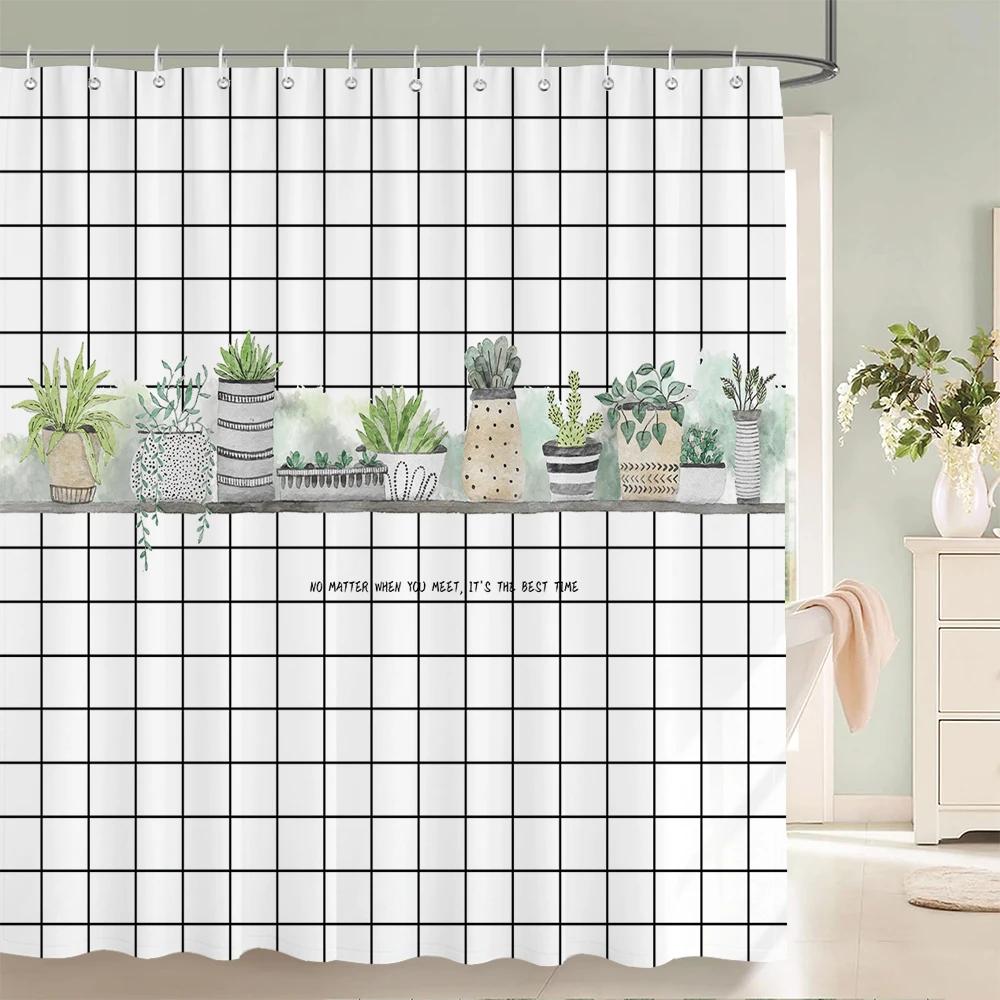 Tropical Plant Cactus Shower Curtain 180cm *180cm with Hooks, Floral Waterproof Shower Curtain, Shower Curtains for Bathroom