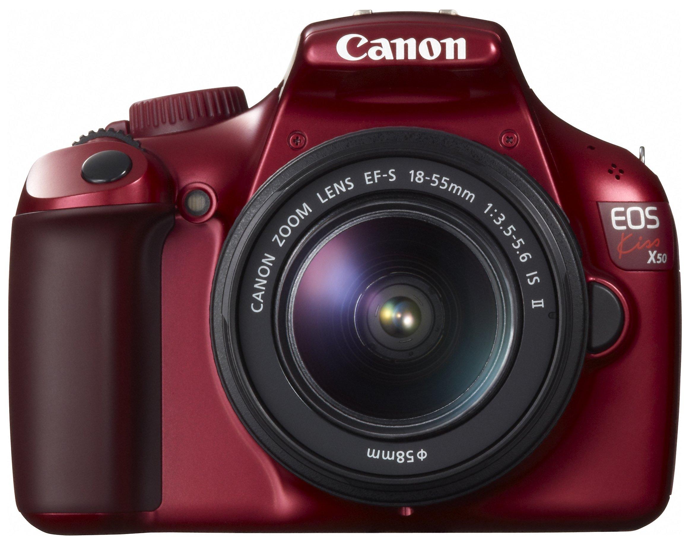 

Canon EOS Kiss X50 Digital SLR Camera with IS II Lens Kit EF-S 18-55mm (Red) KISSX50RE-1855IS2LK