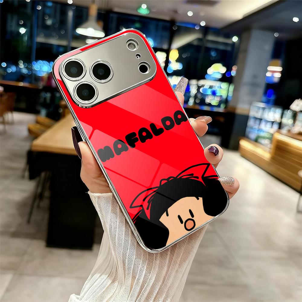 Cute M-Mafalda Phone Case For iPhone 17 16 15 14 13 12 Pro Max Plus Electroplated Metal Shockproof Bumper Case Glass Back