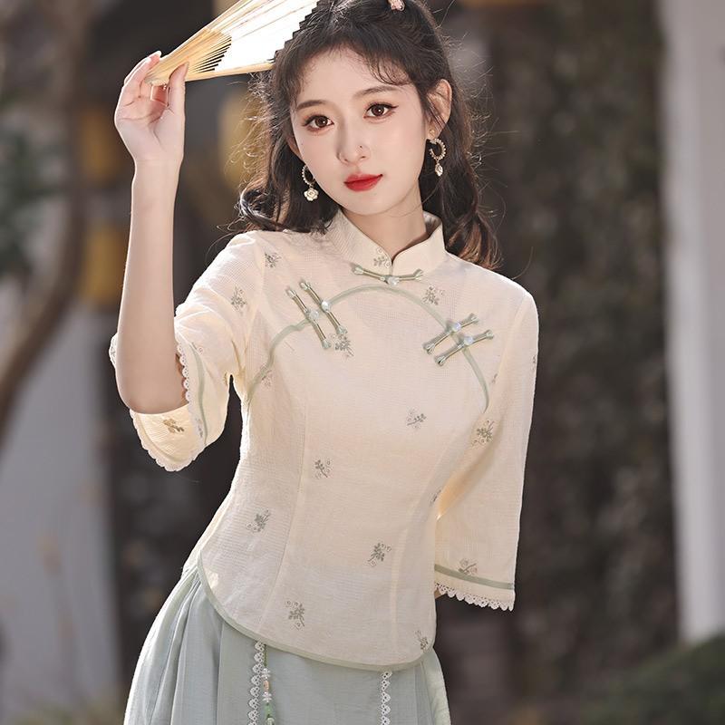 Womens Vintage-Inspired Linen Cotton Blouse Skirt Set Retro Chinese Style Two-Piece Outfit Daily Wear