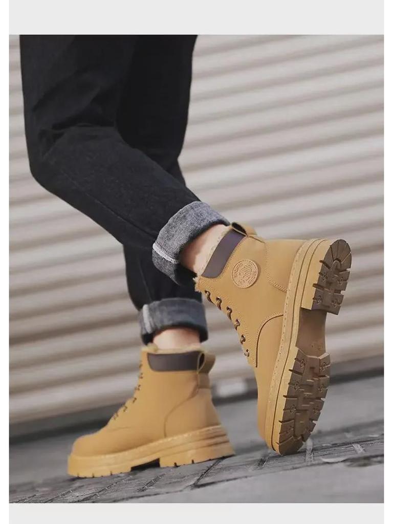 Men's Stylish White Korean High-Top Winter Sneakers with Plush Lining