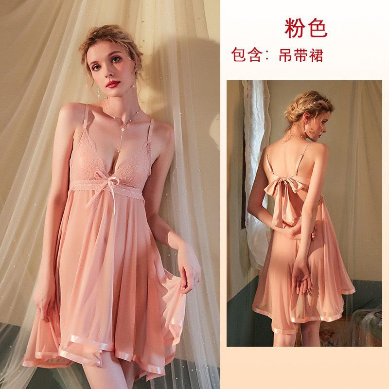 Deep V loungewear underwear large size sexy suspender nightdress bow mesh lace pajamas women A S