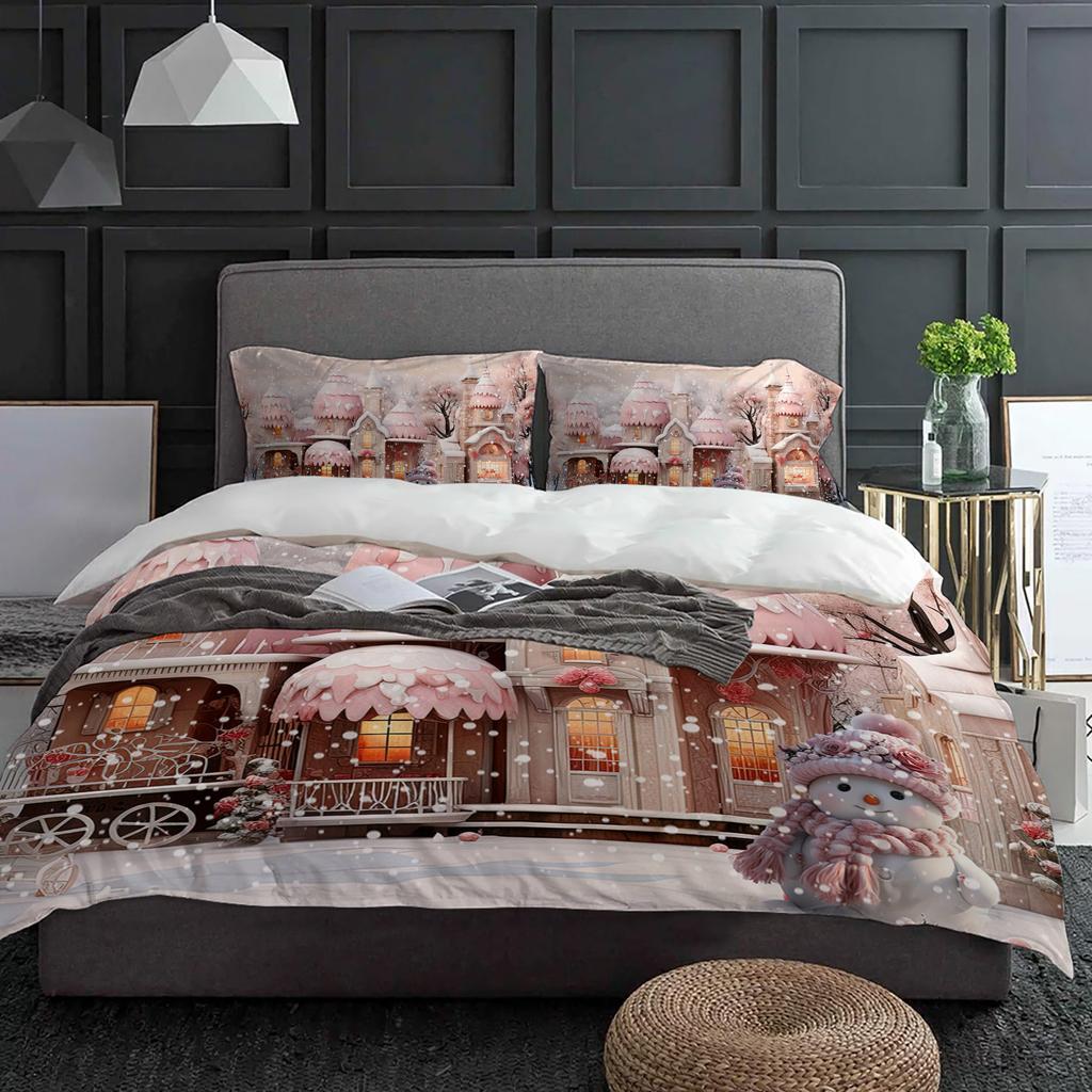Christmas Snowman Snow Scene Pink House 3pcs Bedding Set For Double Bed Home Textile Duvet Cover Quilt Cover Pillowcase