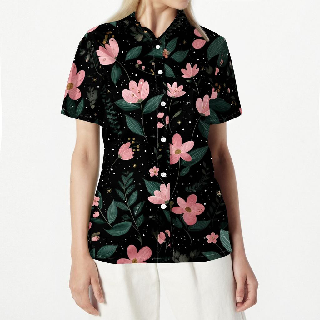 Womens Casual Floral Print Short Sleeve Button Down Shirt Open Front Collar Blouse Lightweight Summer Top