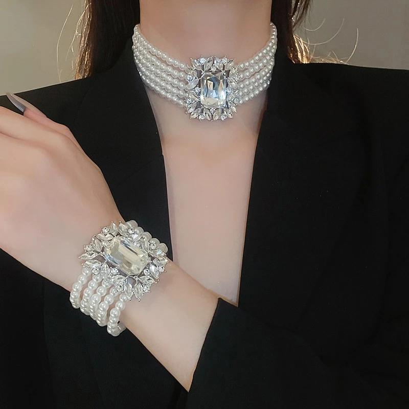 Light Luxury Pearl Bead Multi-Layered Necklace Bracelet With Exaggerated Rhinestones Design Jewelry Earrings For Women Gift