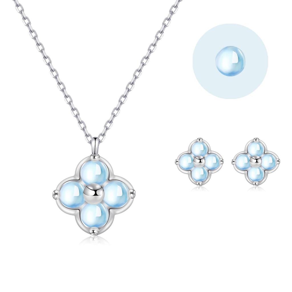 Moonstone Necklace and Earrings for Clover Silver Hypoallergenic June Popular Birthday Gift for Women [FH.bird] Women, "Lucky Charm" 925, Necklace,