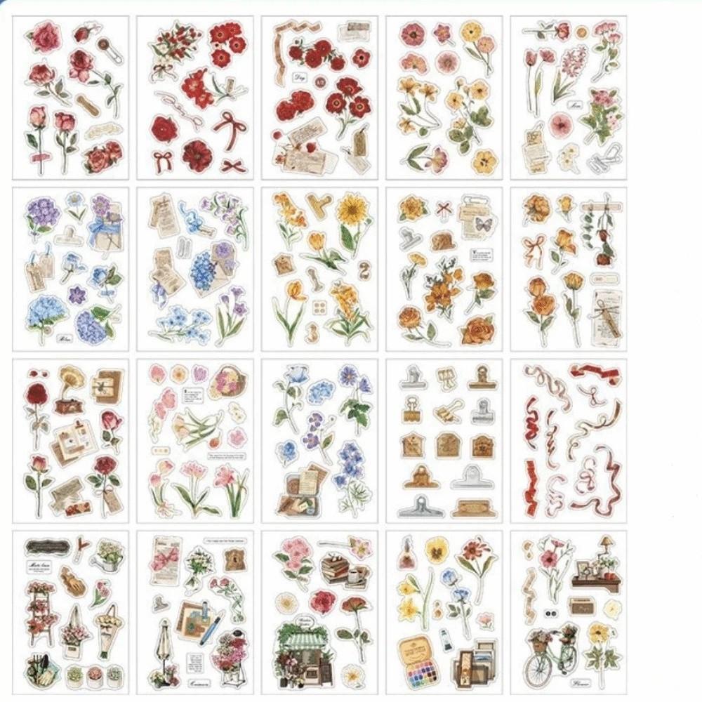 20sheets Retro Sticker Book Vintage Botanical Decor Stickers Decorative Scrapbook Stickers Collage