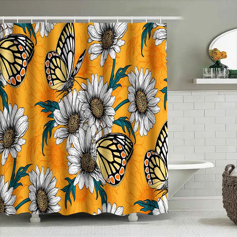 Sunflower Butterfly Printed Shower Curtains For Bathroom Decor Orange Color Floral Curtain With Rod Hooks Set (Yellow)