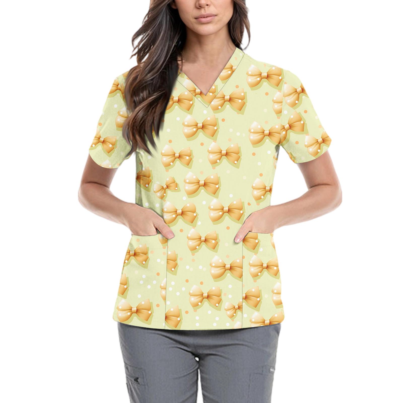 

Women s Cute Bow Printed Work Clothes V-neck Double Layer Pockets Basic Short Sleeve Top Pullover XL жёлтый