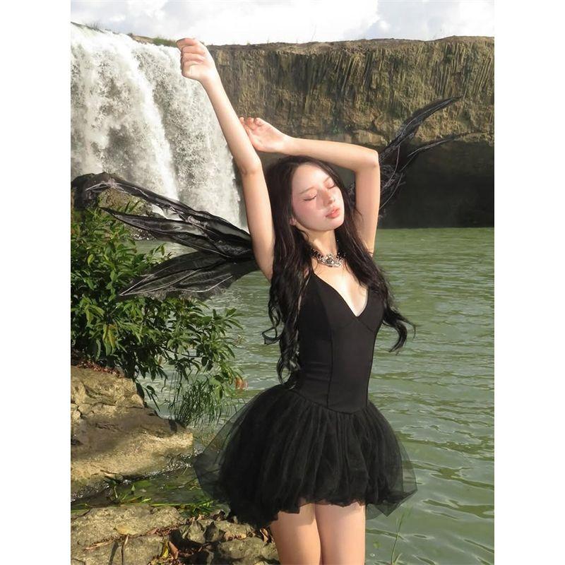 Shemoda Elegant Sexy Deep V Neck High Waist Silm Mesh Splicing Sling Dress Princess Puff Short Skirt