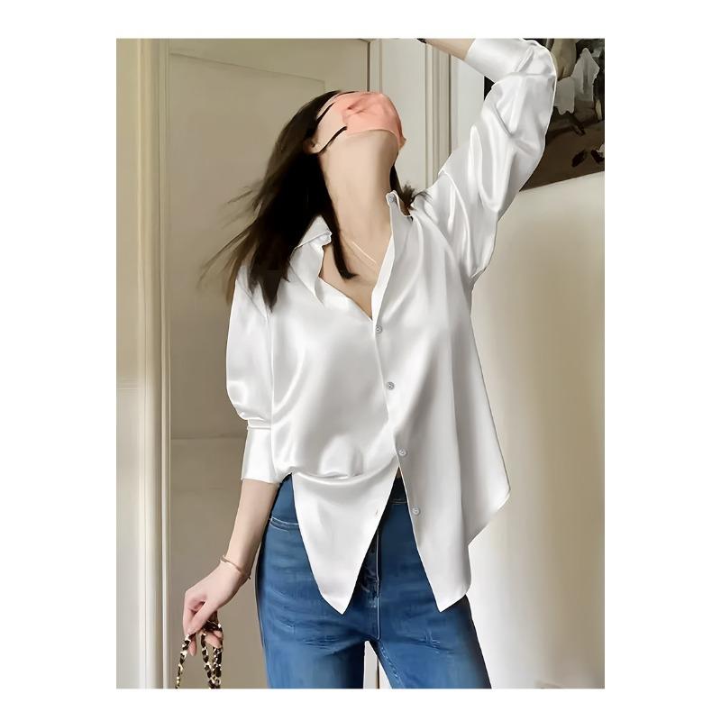 Women S Satin White Loose Fit Long Sleeve Shirt