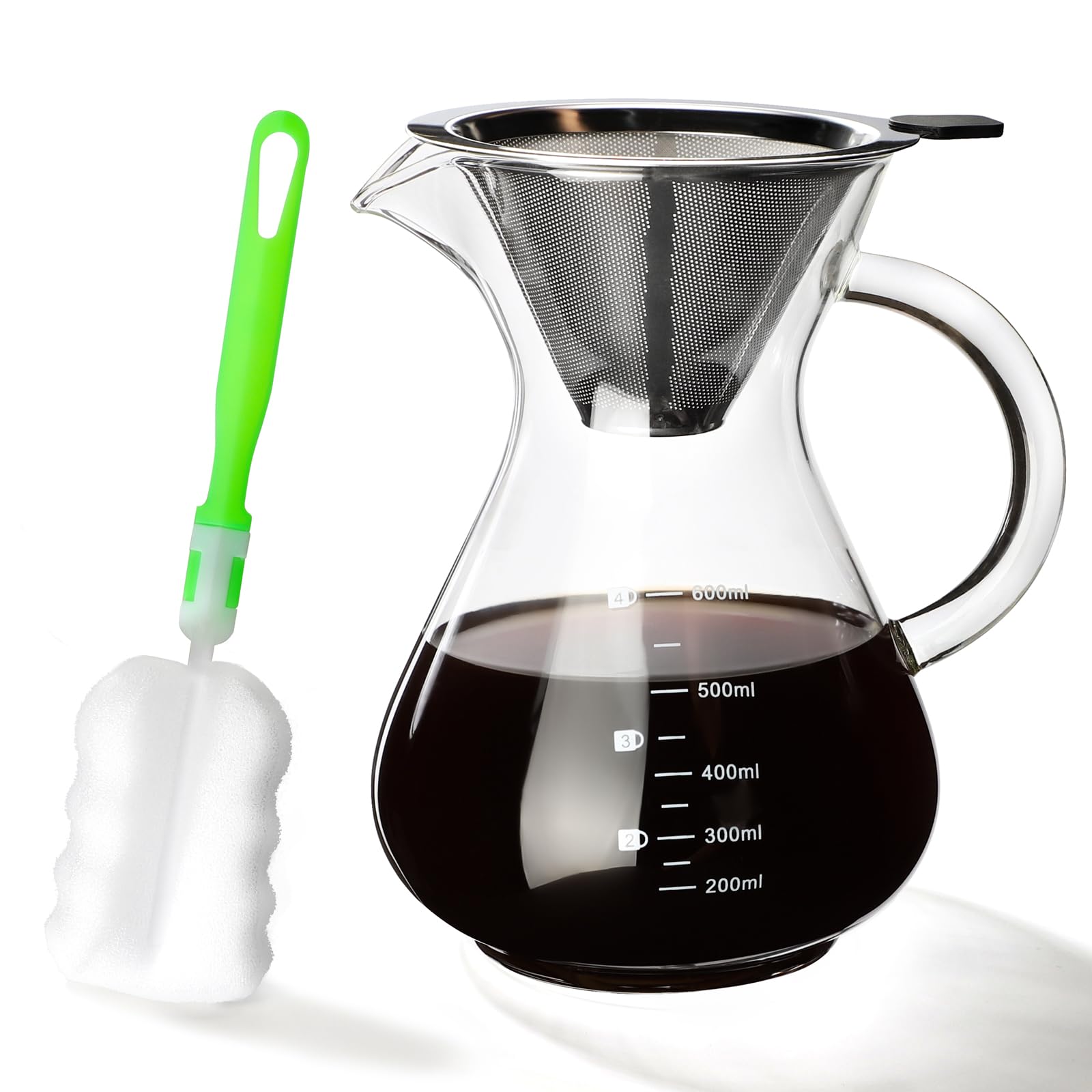 

600ml Drip Coffee Server with Filter, Microwave-Safe, No Paper Coffee Filters Required, Includes Cup, Brush, and Graduations