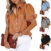 Damen V-Ausschnitt Kurzarm Jeanshemd Lässig Einreiher Knopfleiste Tasche Bluse