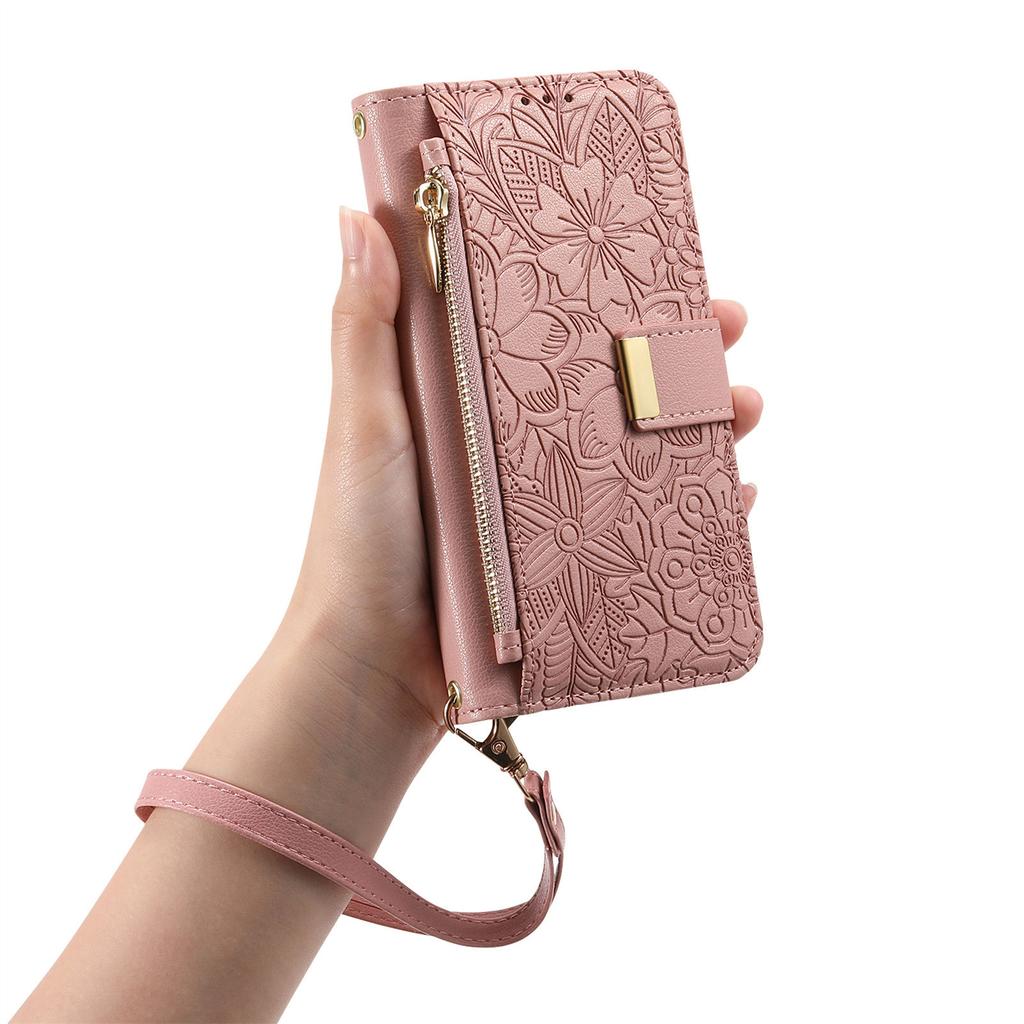 For Samsung Galaxy S25 Kantdeksel Blomstermønster Flere Kortplasser Glidelås Skinn Telefondeksel med Håndleddsstropp