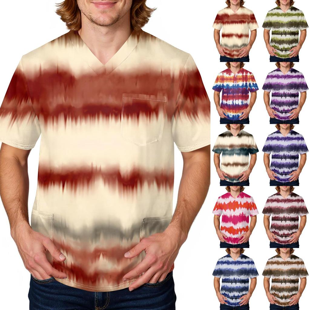 Unisex V Neck Short Sleeve Printed Scrub Top with Pocket and Tie Dye Pattern for Uniform