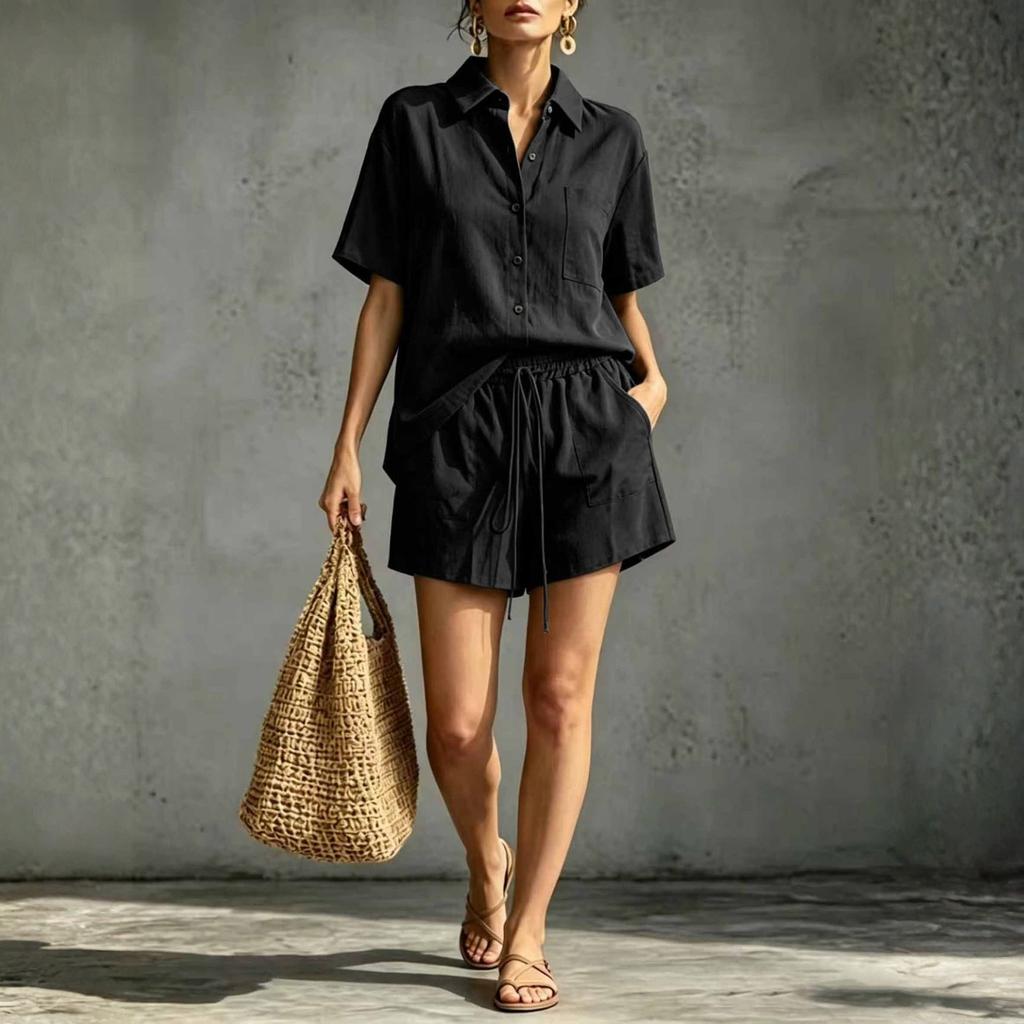 Linen Sets For Women 2 Piece Short Sleeve Button Down Shirt And Shorts Casual Comfy Cotton Outfits