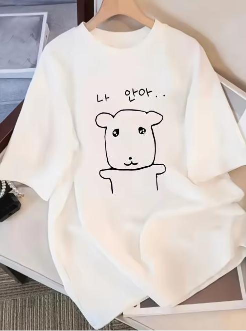 New Summer Elegant Unisexs Loose Drop Shoulder Round Neck TShirt Short Sleeve Japanese And Korean Style Cartoon Puppy