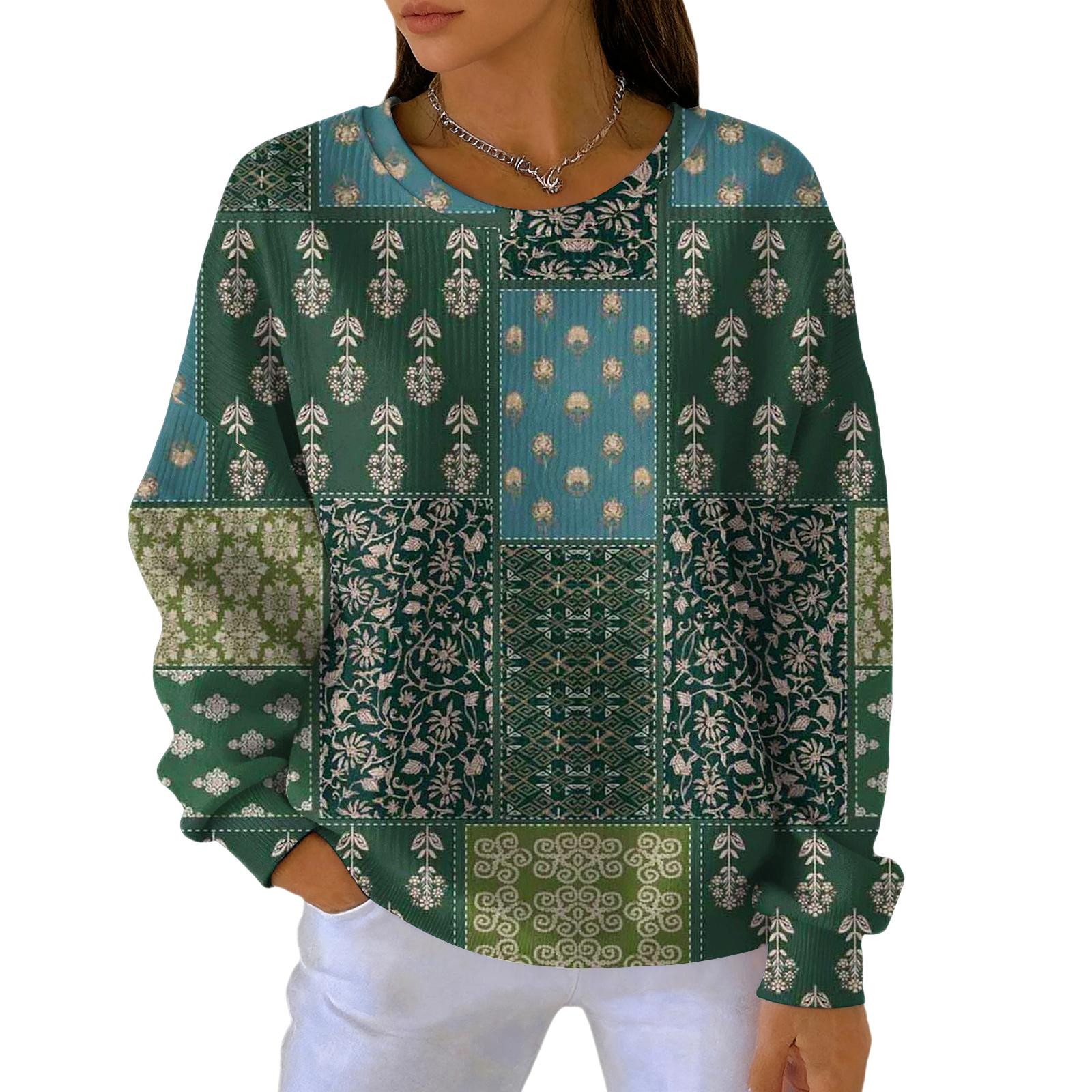 

Женский модный повседневный пуловер с градиентным винтажным принтом, спортивный топ с длинным рукавом L армия зеленый