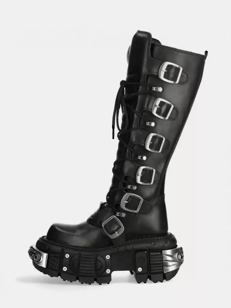 Fashion Metal Buckle Square Toe Knee High Boots Women Black PU Leather Punk Long Boots Woman Autumn Chunky Heels Motorcycle Booties