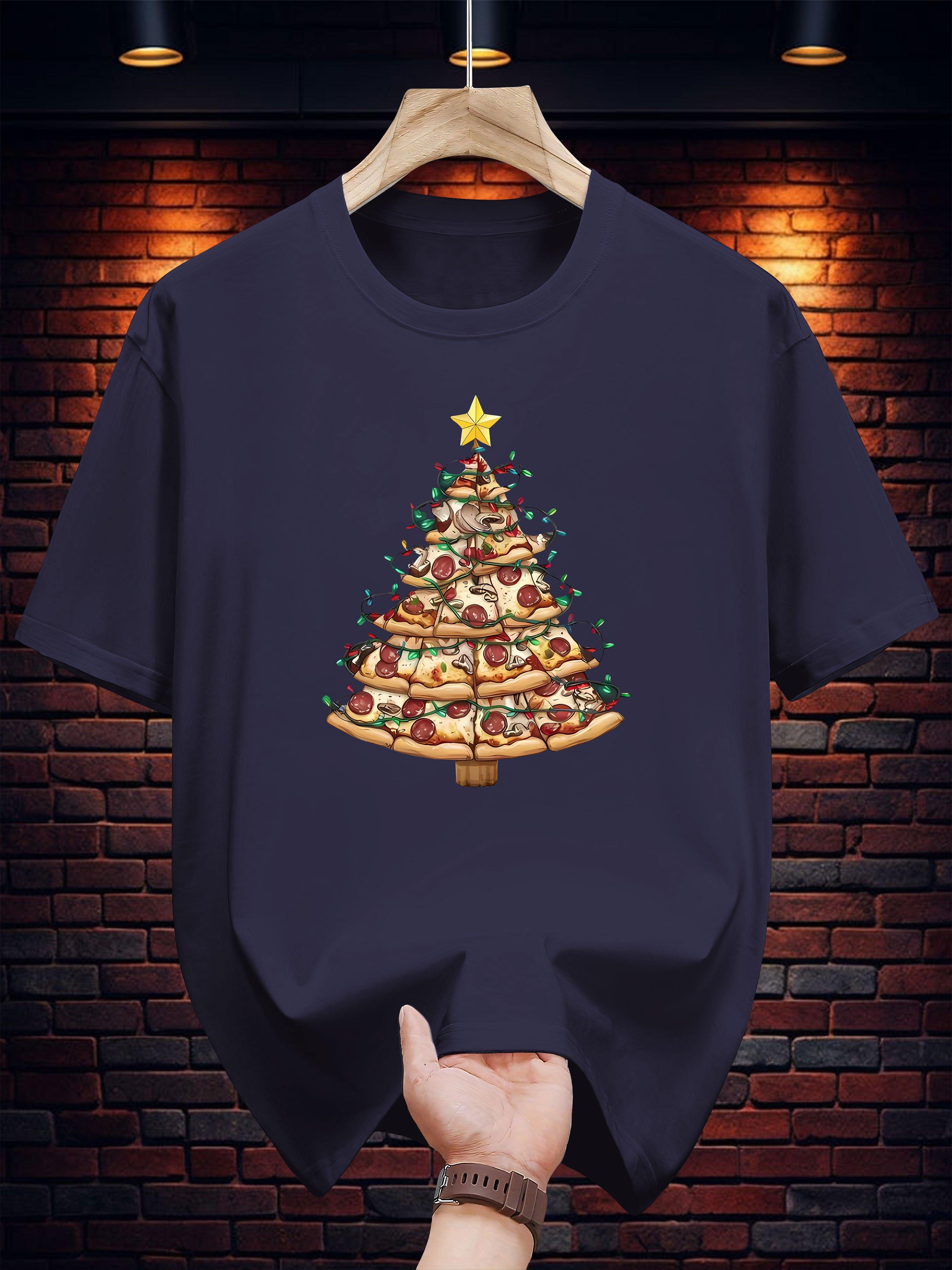 

T-shirt with Festive Pizza Christmas Tree Graphic Print - Casual Summer Round Neck Tee XL