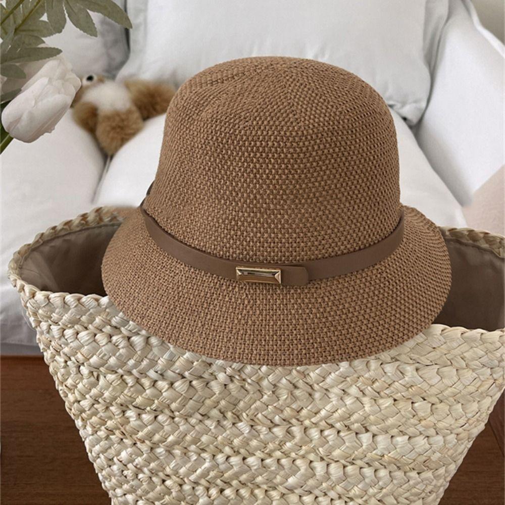 PU Leather Belt Women Sunscreen Hats Wide Brim Outdoor Straw Hats Korean Summer Bucket Hats  Girls