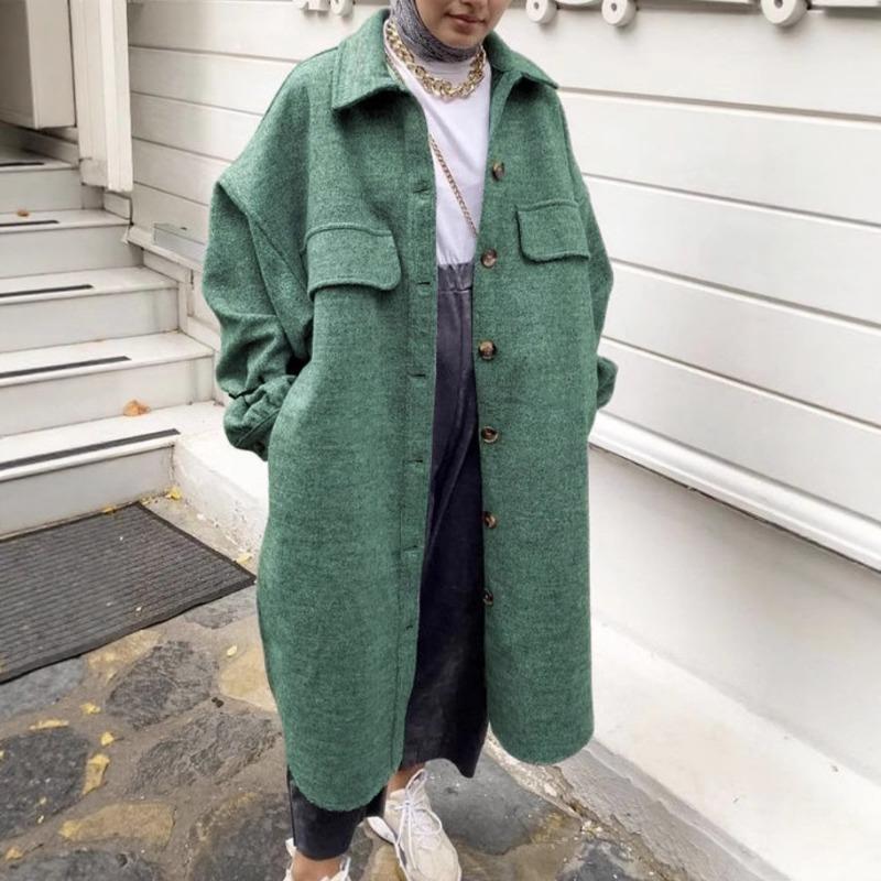 2025 New Women's Autumn and Winter Spliced Button Pocket Simple Long-sleeved Lapel Woolen Jacket