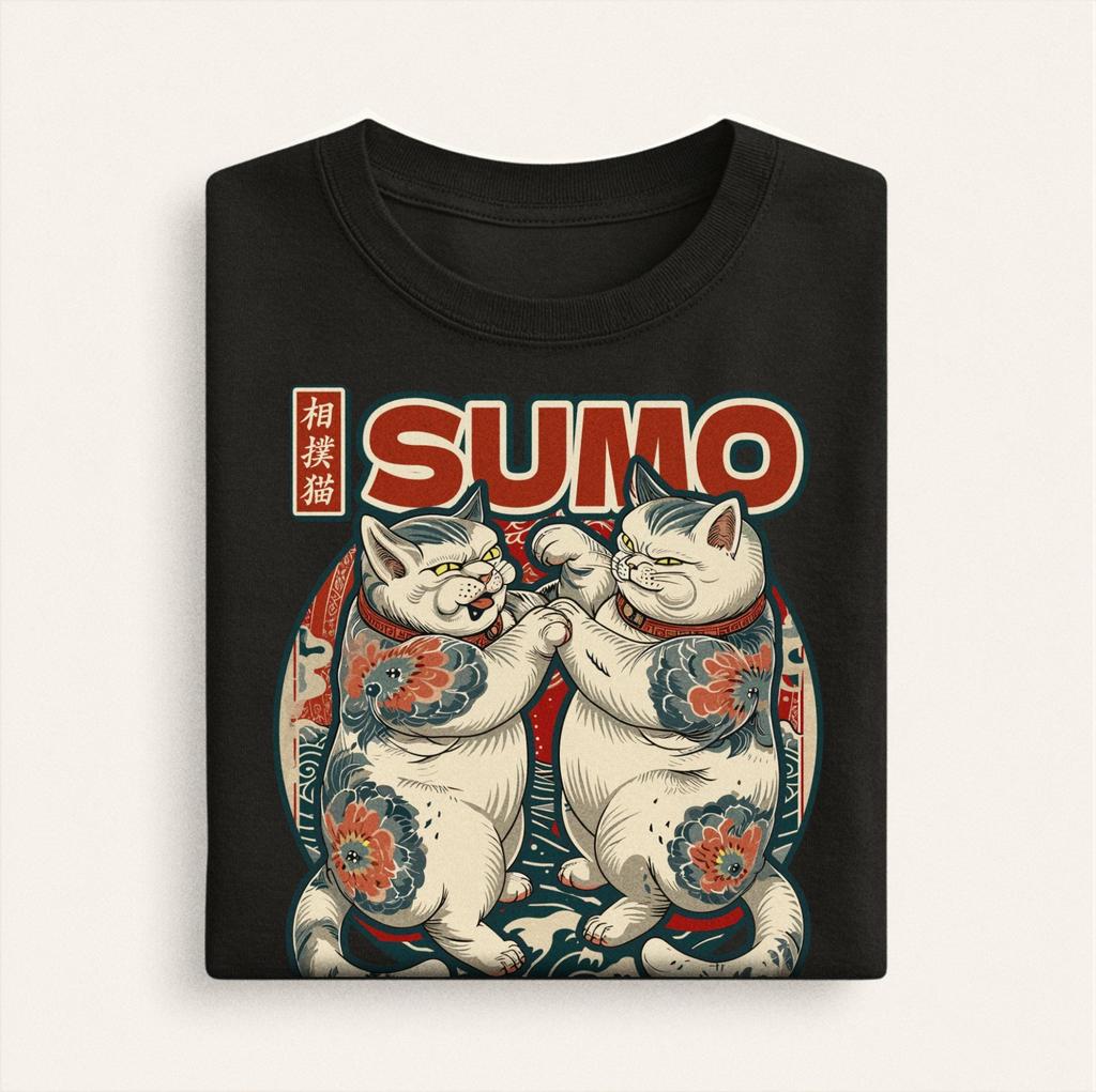 Japanese Sumo Cat Wrestling T-Shirt, Kawaii Anime Tee