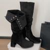 Queen Fan Black Retro Thick Heel Height Boots Women's Boots 2025 New Autumn Skinny Knight Boots