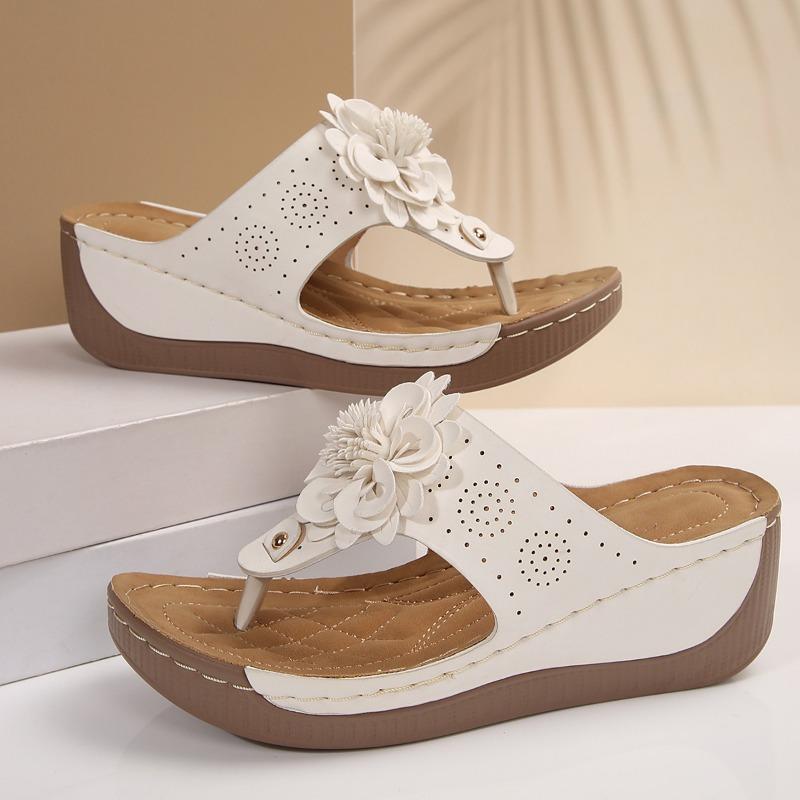 Flower platform flip-flops women's new summer fashion casual wedge heel pinch foot platform beach shoes